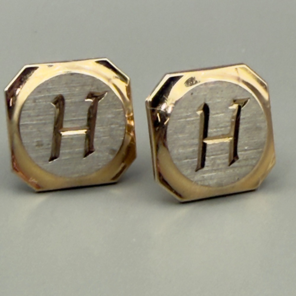 Mens Initial H Cufflinks Octagon Two Tone Gold Silver Tone Bullet Back 0.6"